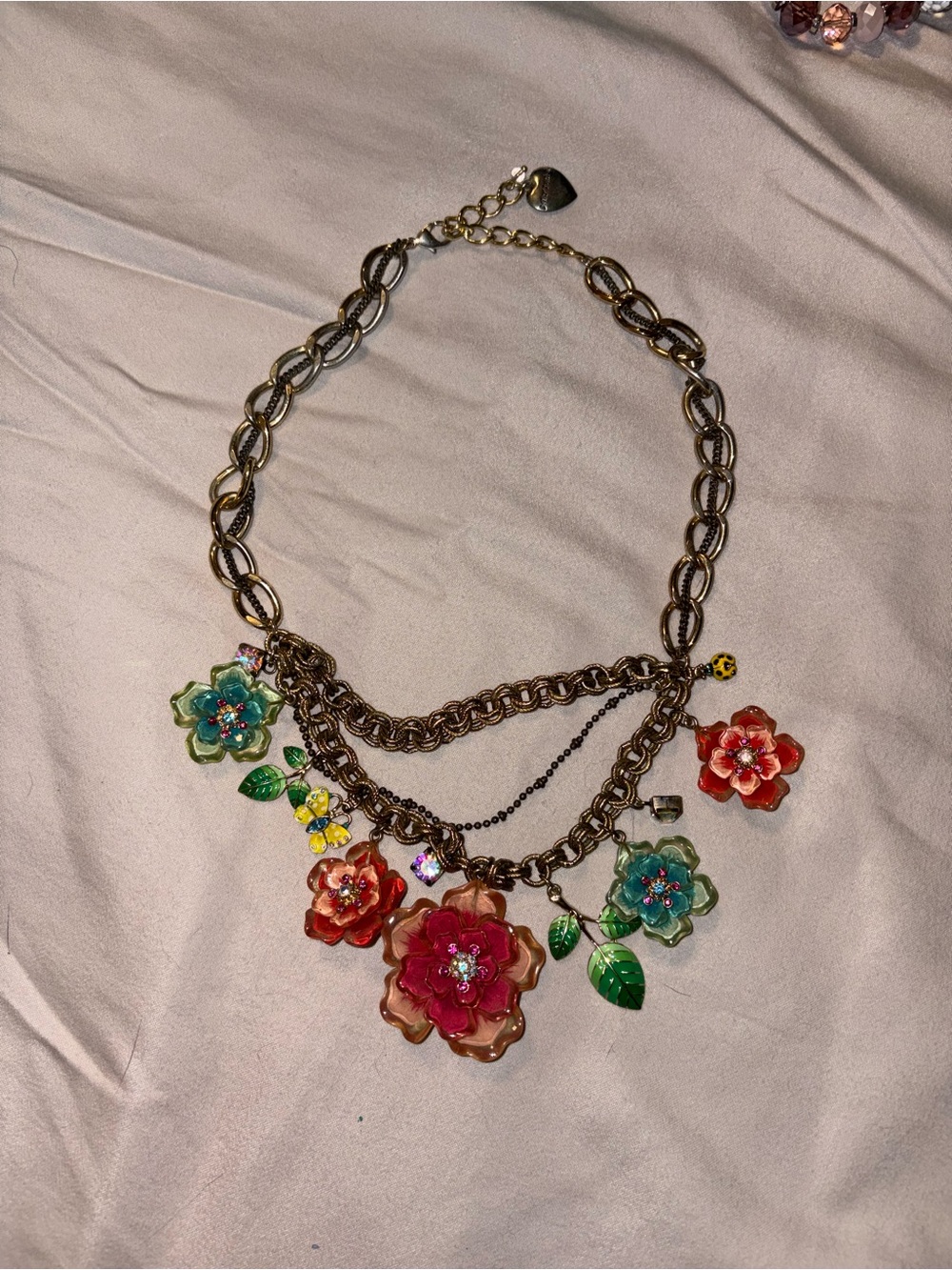 Vintage Y2K Betsey Johnson Gold Floral Multi-Color Charm Necklace
